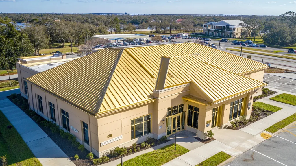 A commercial roof on a bank in a location similar to Jacksonville with a solid gold aesthetic (AI image)