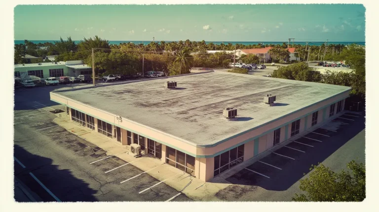 A commercial roof on a bank in a location similar to Key West with a Polaroid aesthetic (AI image)