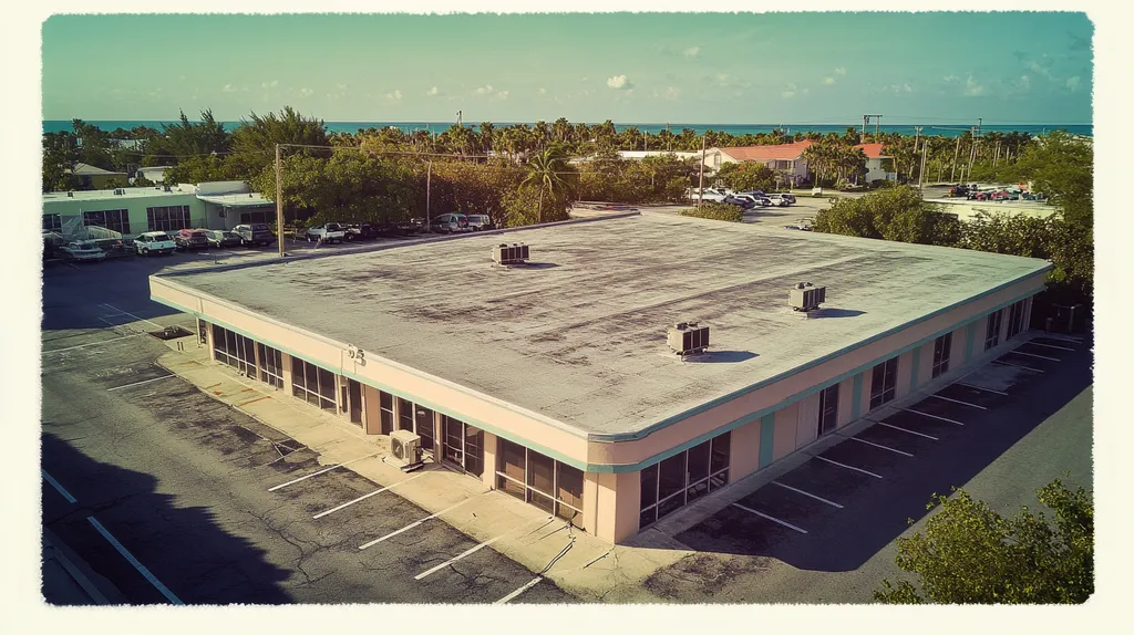 A commercial roof on a bank in a location similar to Key West with a Polaroid aesthetic (AI image)