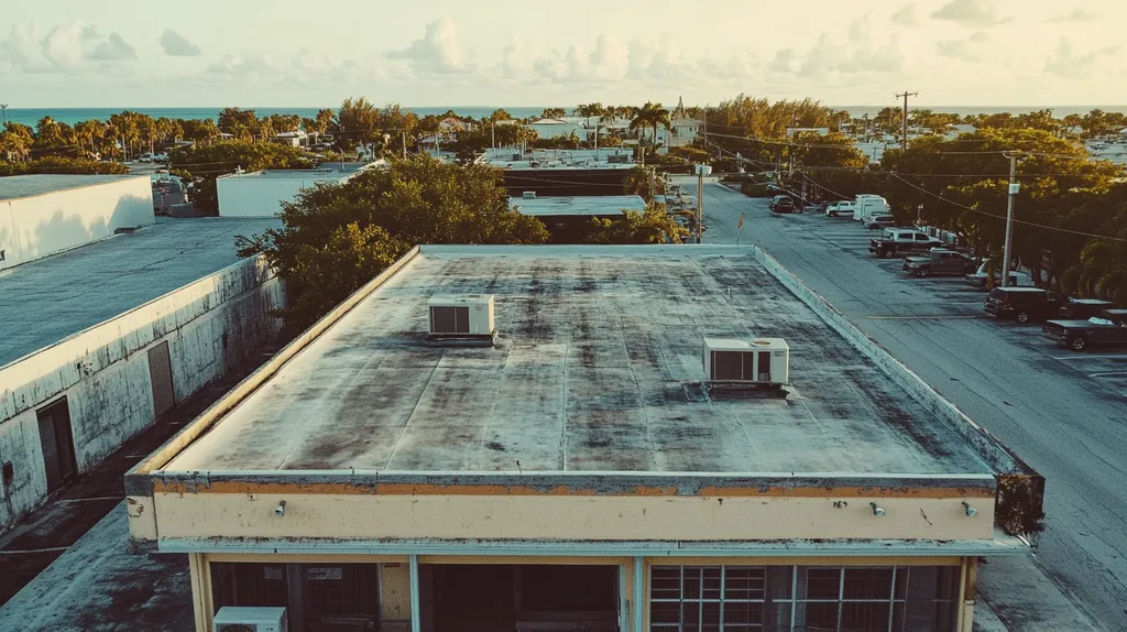 A commercial roof on a bank in a location similar to Key West with a Polaroid aesthetic (AI image)