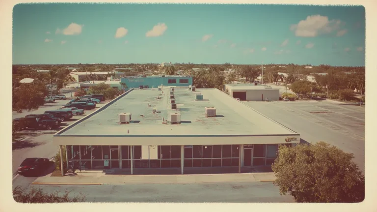 A commercial roof on a bank in a location similar to Key West with a Polaroid aesthetic (AI image)