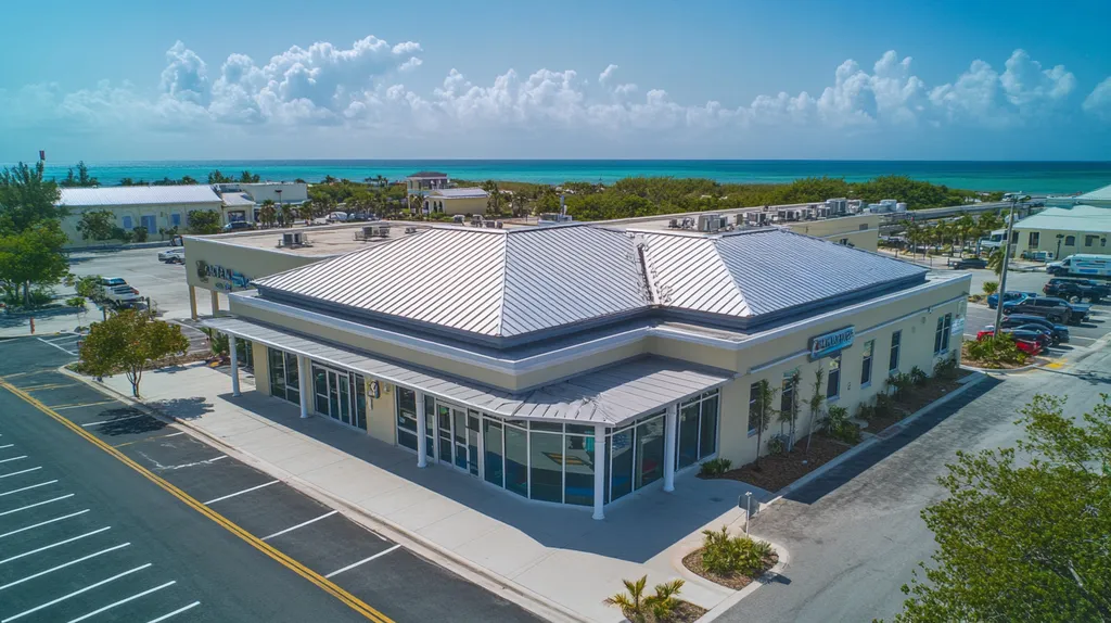 A commercial roof on a bank in a location similar to Key West with an architectural photography aesthetic (AI image)