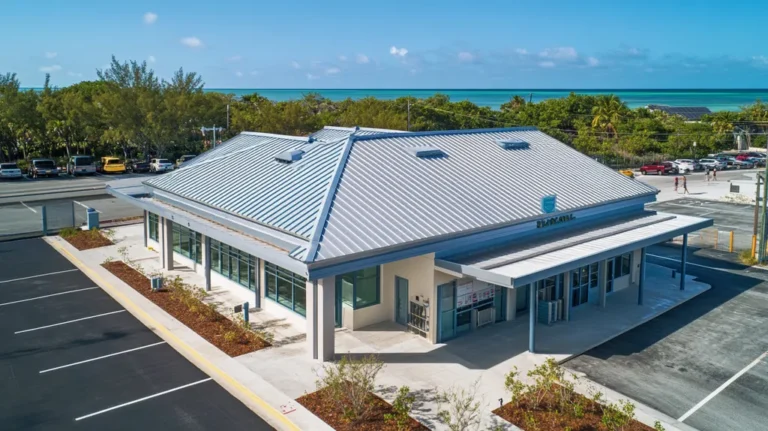 A commercial roof on a bank in a location similar to Key West with an architectural photography aesthetic (AI image)