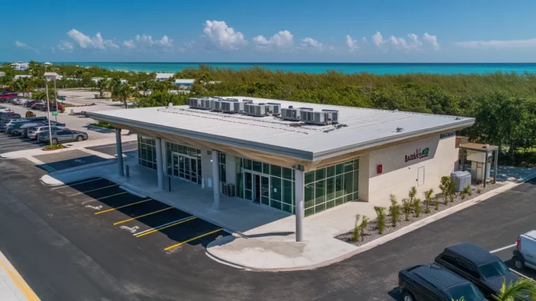 A commercial roof on a bank in a location similar to Key West with an architectural photography aesthetic (AI image)