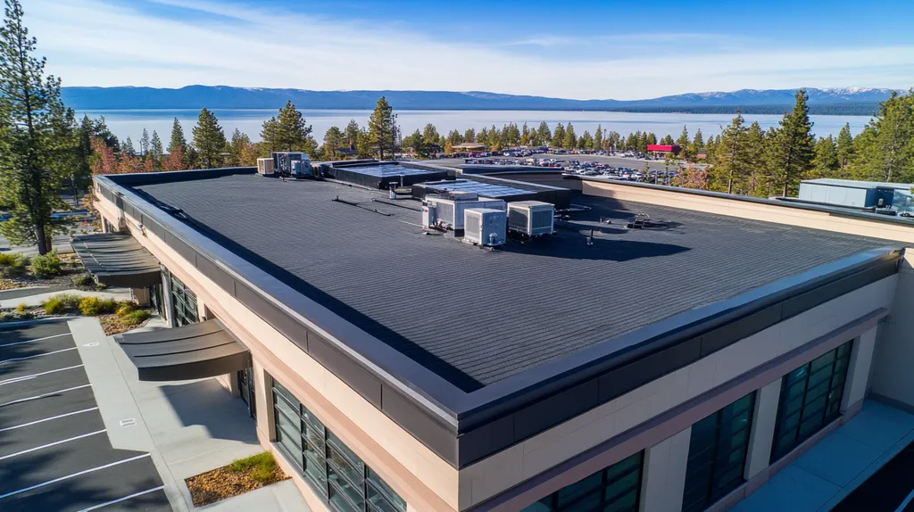A commercial roof on a bank in a location similar to Lake Tahoe with an architectural photography aesthetic (AI image)