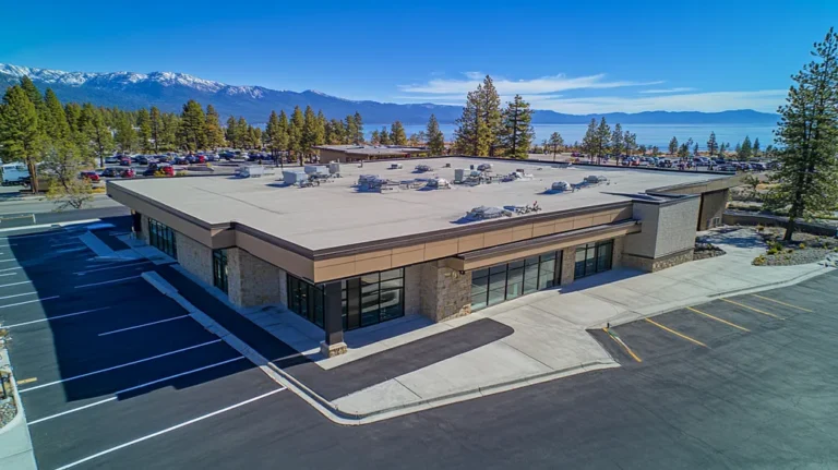 A commercial roof on a bank in a location similar to Lake Tahoe with an architectural photography aesthetic (AI image)