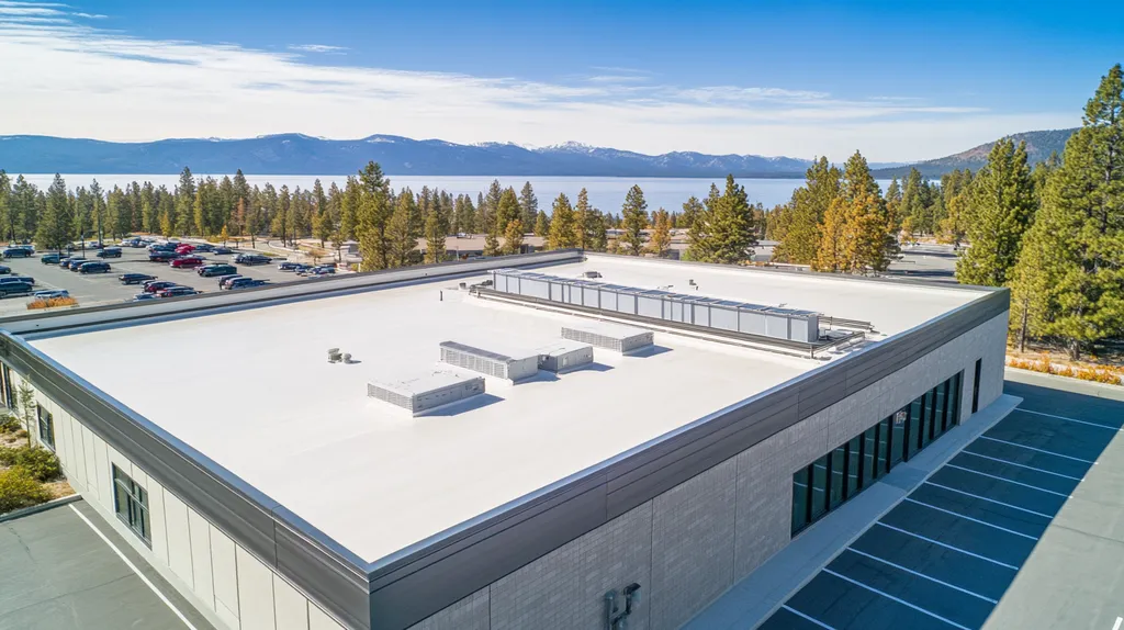 A commercial roof on a bank in a location similar to Lake Tahoe with an architectural photography aesthetic (AI image)