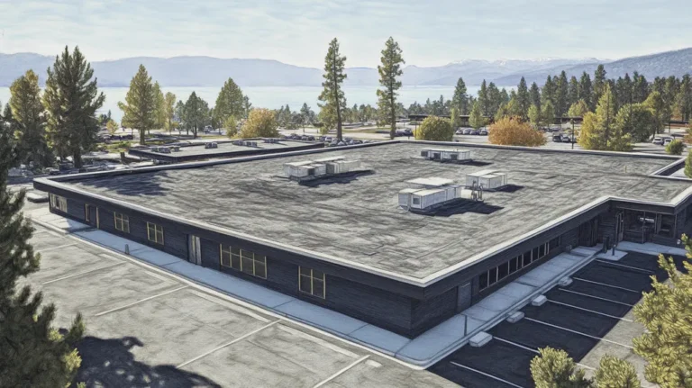 A commercial roof on a bank in a location similar to Lake Tahoe with a charcoal sketch aesthetic (AI image)