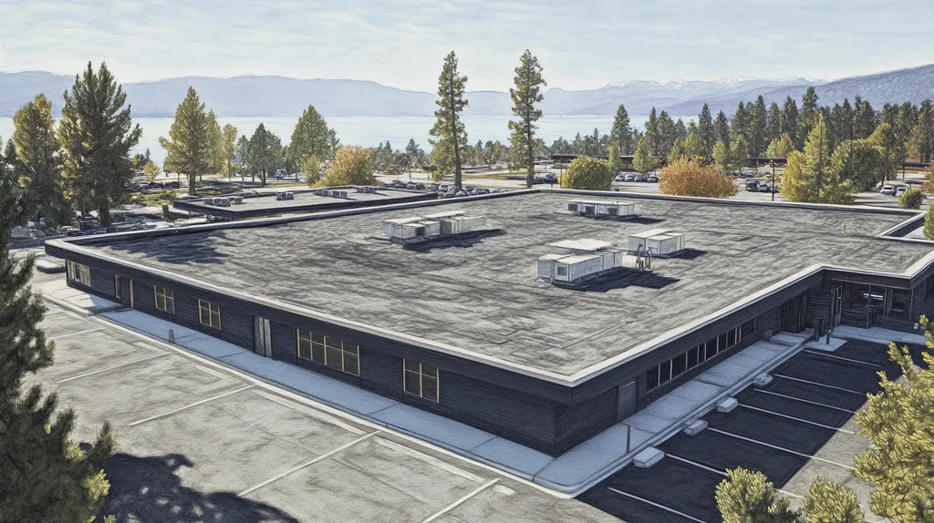 A commercial roof on a bank in a location similar to Lake Tahoe with a charcoal sketch aesthetic (AI image)