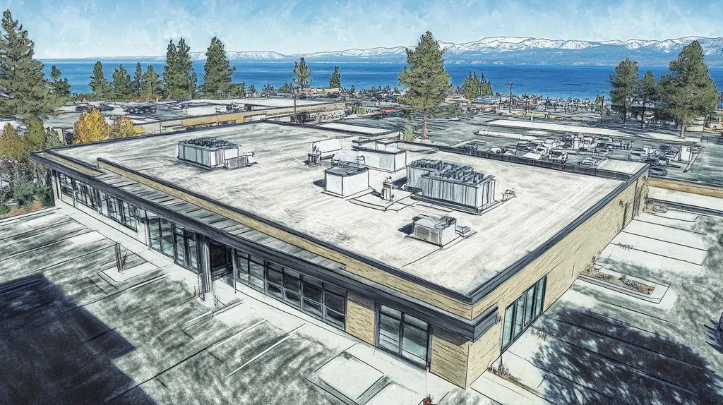 A commercial roof on a bank in a location similar to Lake Tahoe with a charcoal sketch aesthetic (AI image)