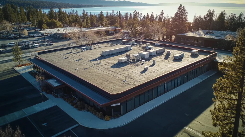 A commercial roof on a bank in a location similar to Lake Tahoe with an ethereal glow aesthetic (AI image)
