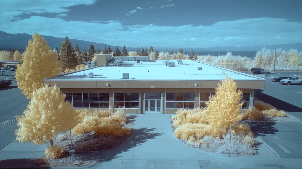 A commercial roof on a bank in a location similar to Lake Tahoe with an infrared photography aesthetic (AI image)