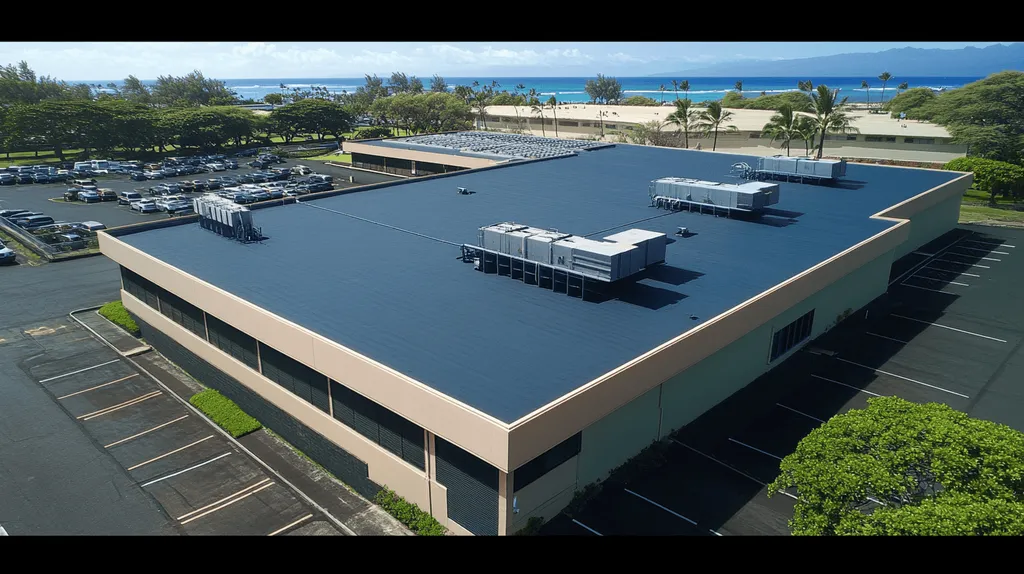 A commercial roof on a call center in a location similar to Honolulu with a cross-processed look aesthetic (AI image)