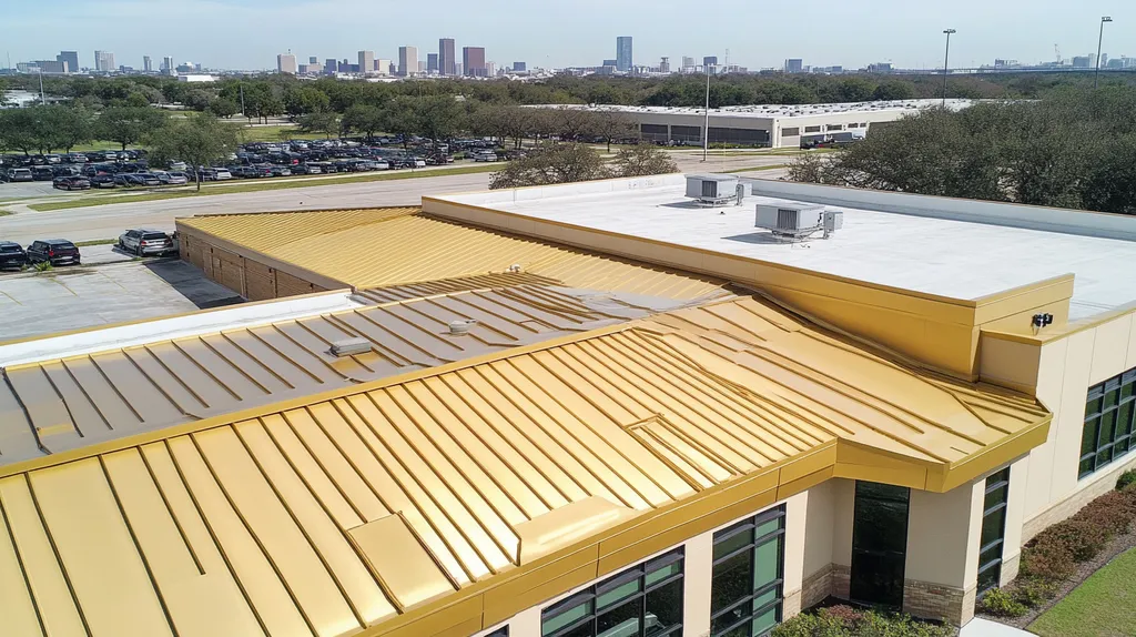 A commercial roof on a call center in a location similar to Houston with a solid gold aesthetic (AI image)