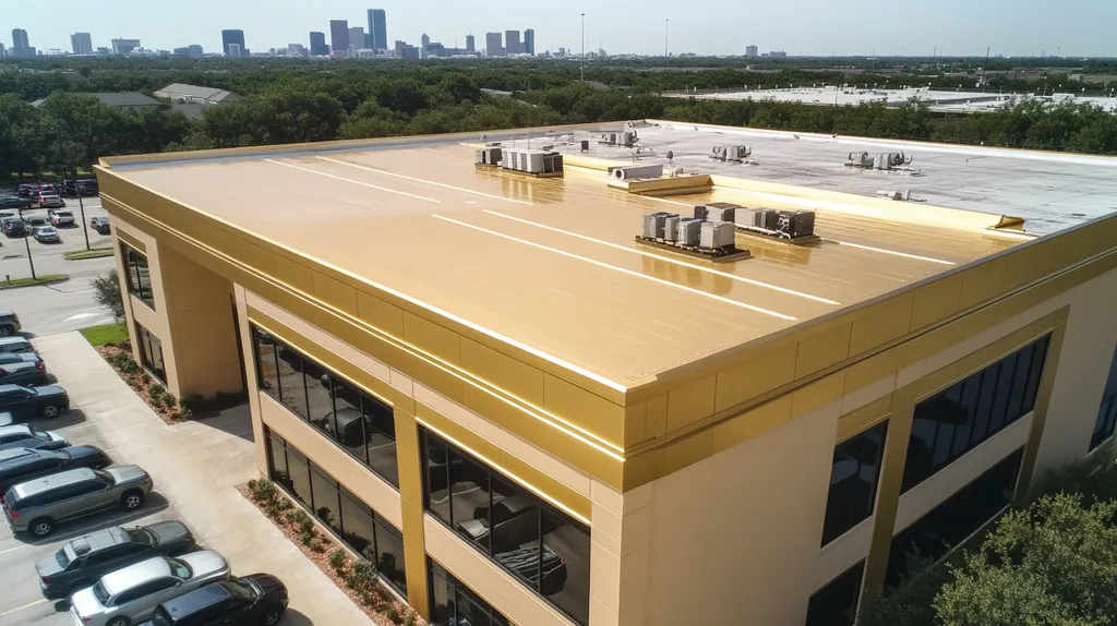 A commercial roof on a call center in a location similar to Houston with a solid gold aesthetic (AI image)