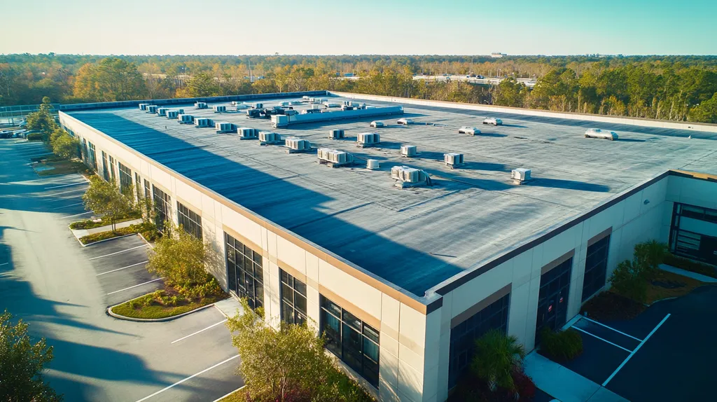 A commercial roof on a call center in a location similar to Jacksonville with a cross-processed look aesthetic (AI image)