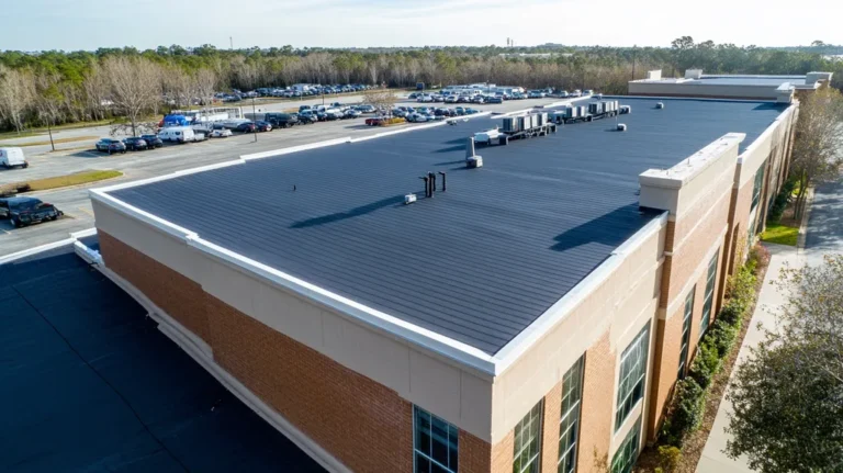 A commercial roof on a call center in a location similar to Jacksonville with a cross-processed look aesthetic (AI image)