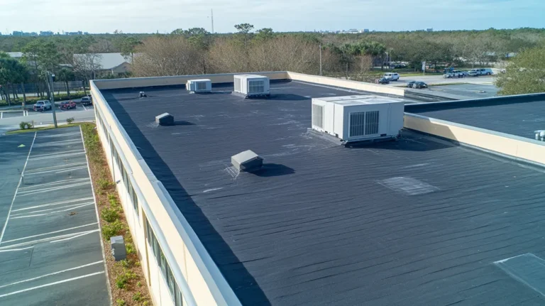 A commercial roof on a call center in a location similar to Jacksonville with a cross-processed look aesthetic (AI image)
