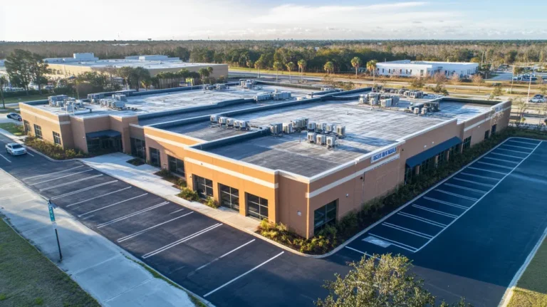 A commercial roof on a call center in a location similar to Jacksonville with a heavenly glow aesthetic (AI image)