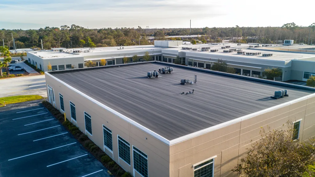 A commercial roof on a call center in a location similar to Jacksonville with a heavenly glow aesthetic (AI image)