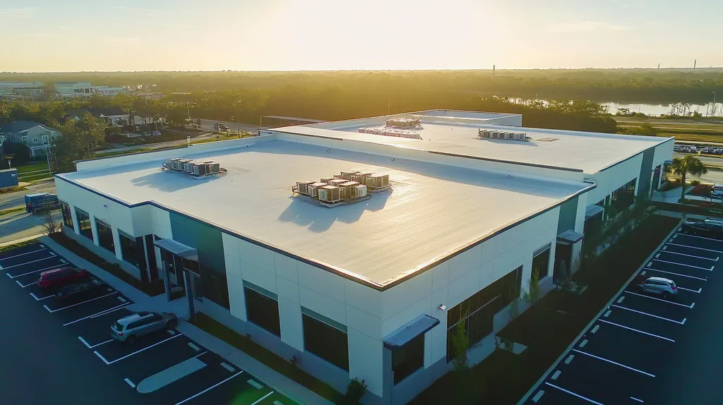 A commercial roof on a call center in a location similar to Jacksonville with a heavenly glow aesthetic (AI image)