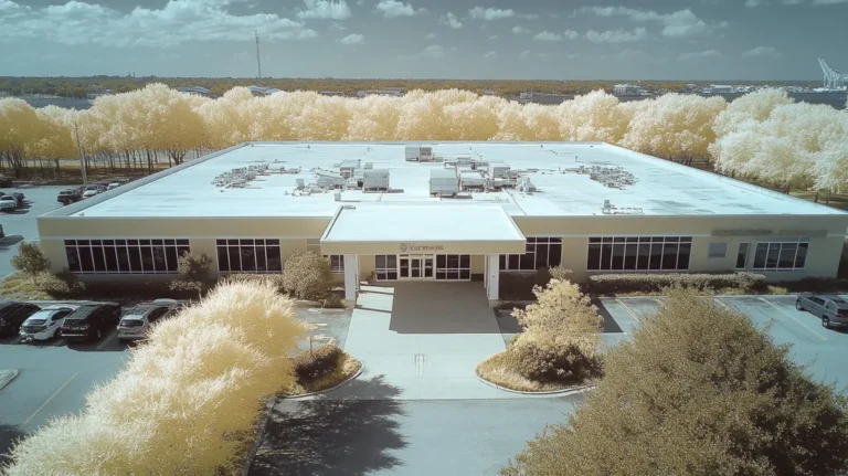 A commercial roof on a call center in a location similar to Jacksonville with an infrared photography aesthetic (AI image)