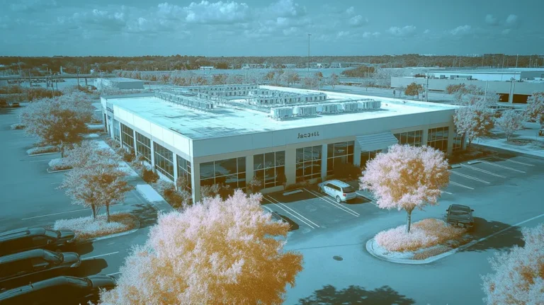 A commercial roof on a call center in a location similar to Jacksonville with an infrared photography aesthetic (AI image)