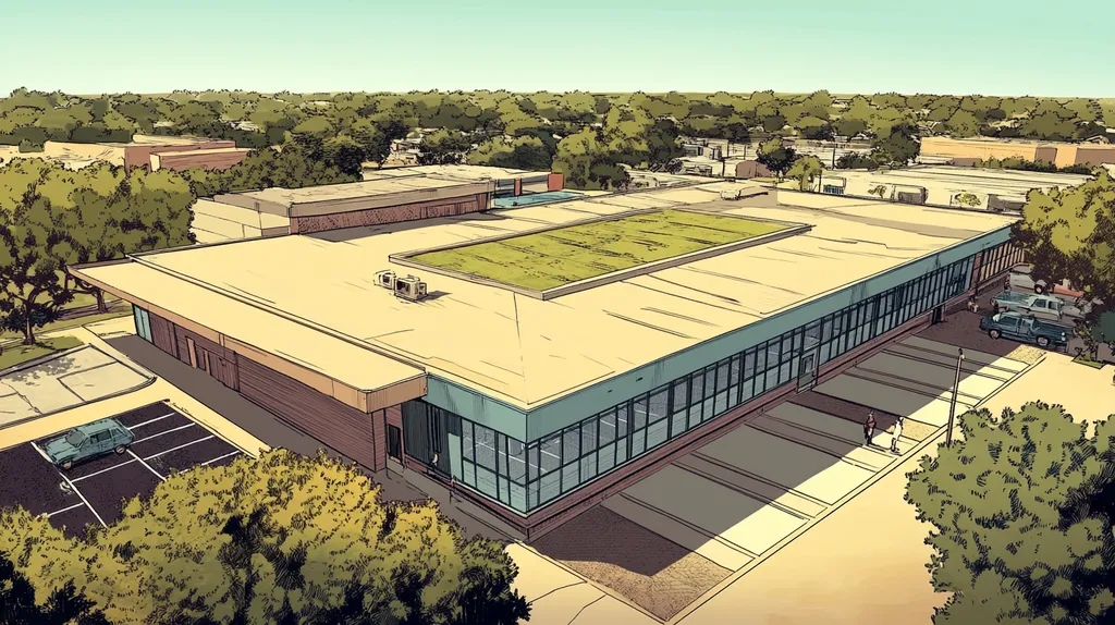 A commercial roof on a community recreation center in a location similar to Dallas with a comic book style aesthetic (AI image)