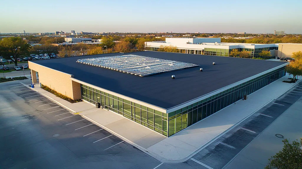 A commercial roof on a community recreation center in a location similar to Dallas with a comic book style aesthetic (AI image)