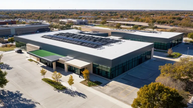 A commercial roof on a community recreation center in a location similar to Dallas with a comic book style aesthetic (AI image)