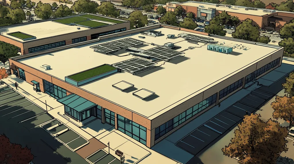 A commercial roof on a community recreation center in a location similar to Dallas with a comic book style aesthetic (AI image)