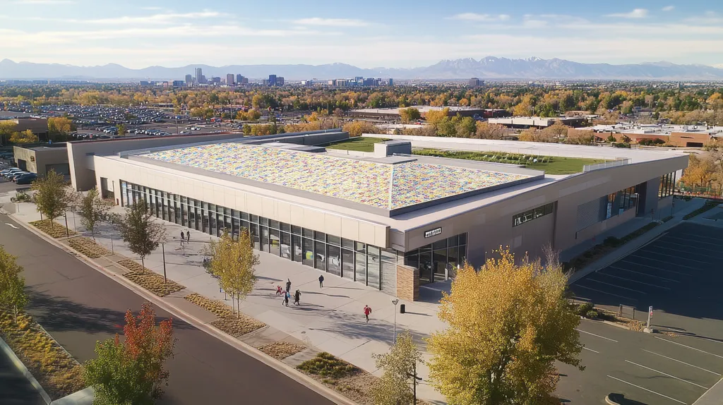A commercial roof on a community recreation center in a location similar to Denver with a mosaic tile art aesthetic (AI image)