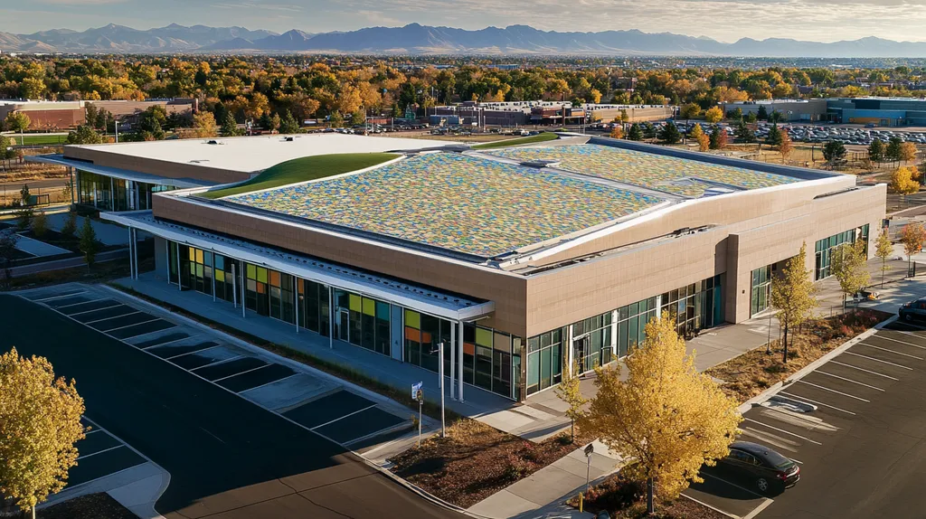 A commercial roof on a community recreation center in a location similar to Denver with a mosaic tile art aesthetic (AI image)