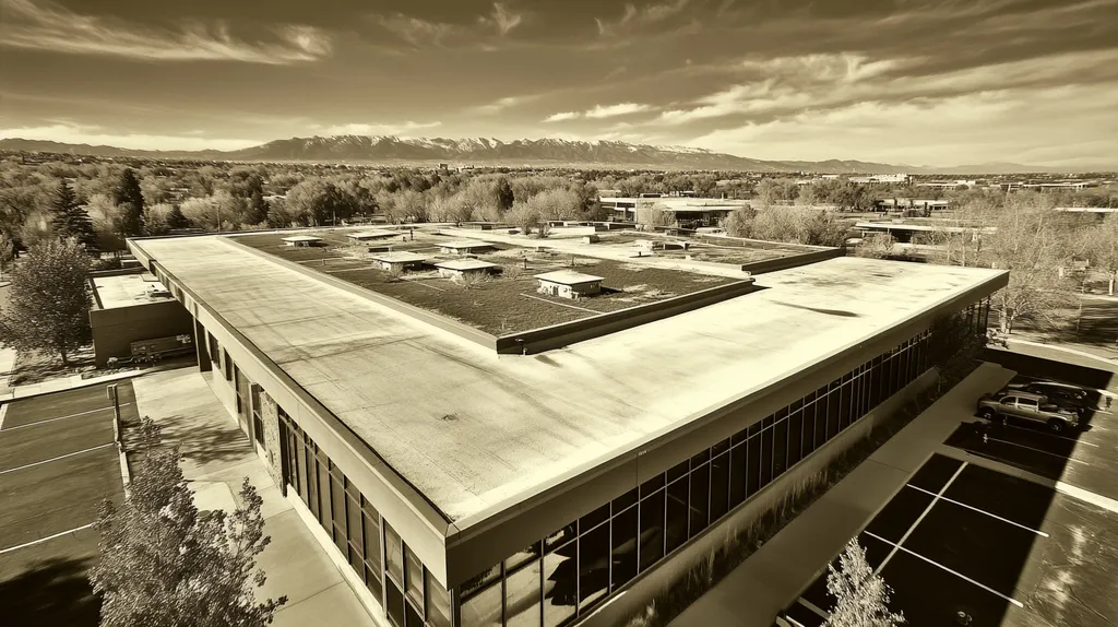 A commercial roof on a community recreation center in a location similar to Denver with a tintype aesthetic (AI image)