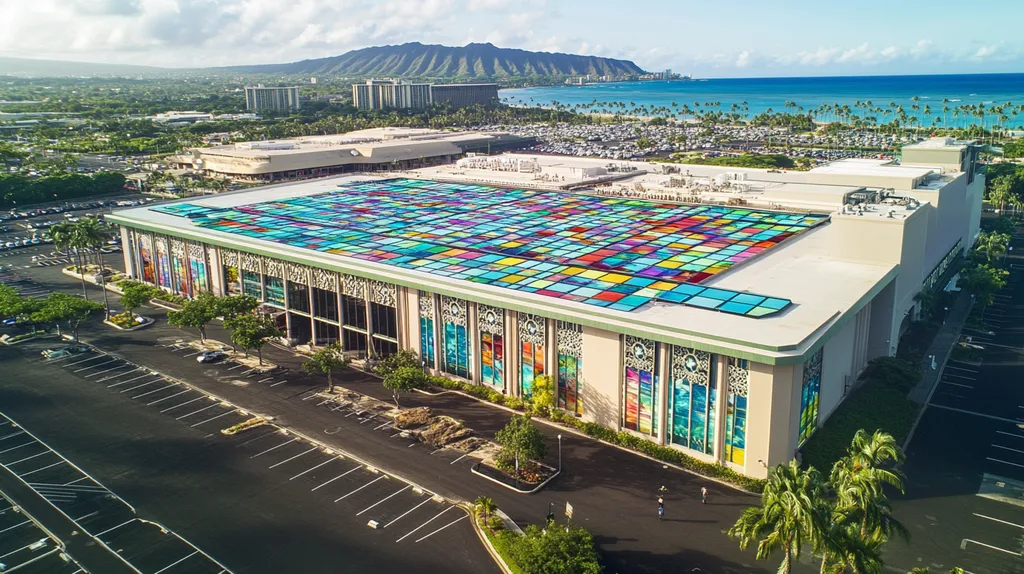 A commercial roof on a convention center in a location similar to Honolulu with a stained glass style aesthetic (AI image)