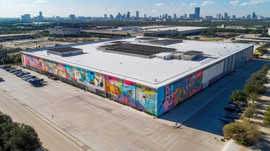 A commercial roof on a convention center in a location similar to Houston with a graffiti mural aesthetic (AI image)