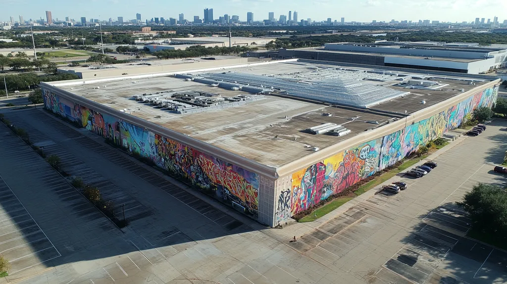 A commercial roof on a convention center in a location similar to Houston with a graffiti mural aesthetic (AI image)