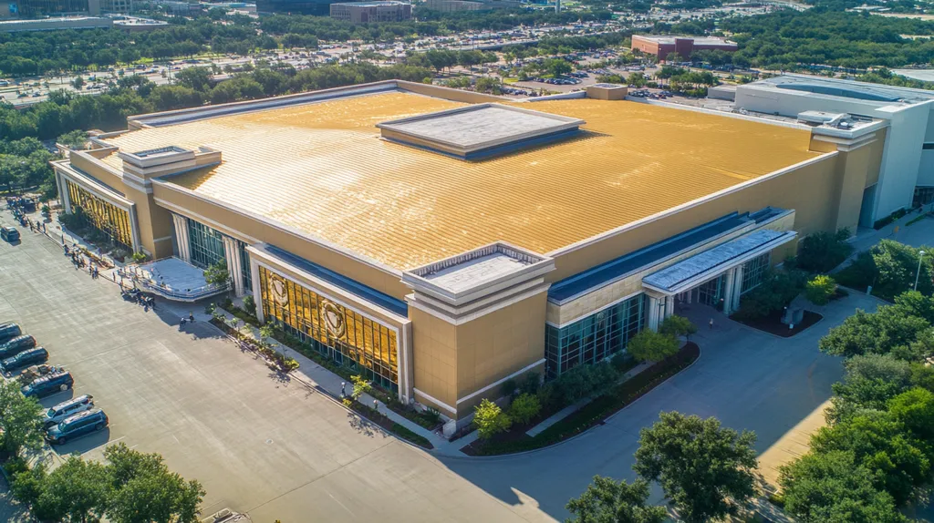A commercial roof on a convention center in a location similar to Houston with a solid gold aesthetic (AI image)