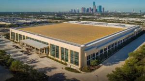 A commercial roof on a convention center in a location similar to Houston with a solid gold aesthetic (AI image)