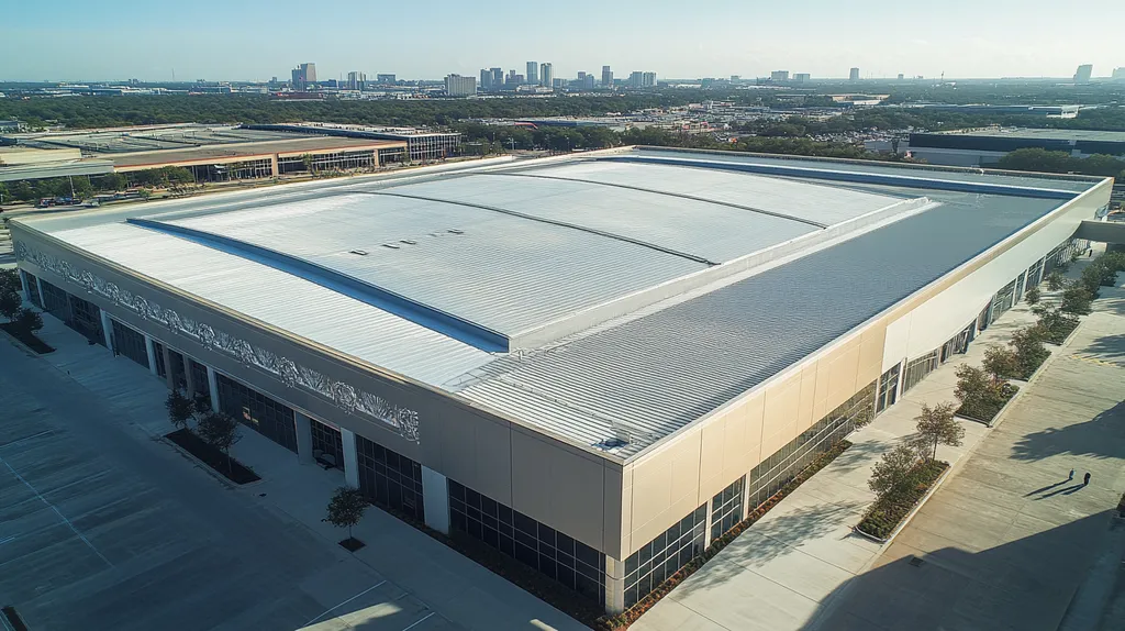 A commercial roof on a convention center in a location similar to Houston with a stainless steel aesthetic (AI image)