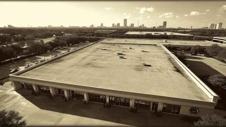 A commercial roof on a convention center in a location similar to Houston with a tintype aesthetic (AI image)