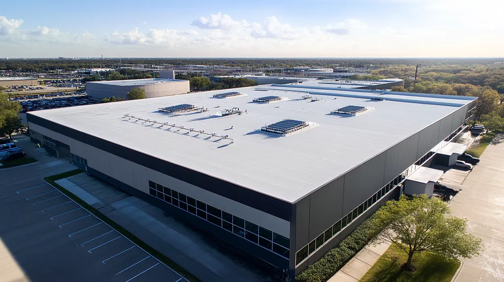 A commercial roof on a data center in a location similar to Dallas with a light beams aesthetic (AI image)