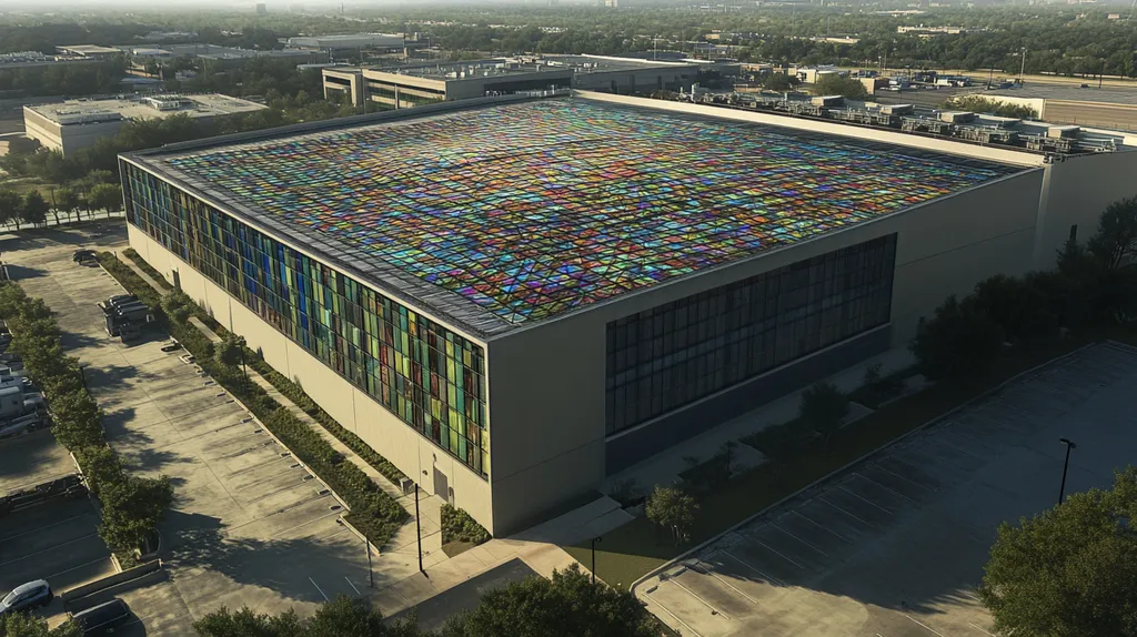 A commercial roof on a data center in a location similar to Dallas with a stained glass style aesthetic (AI image)