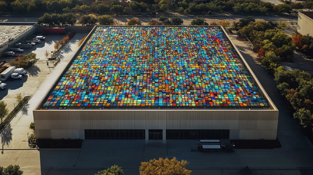 A commercial roof on a data center in a location similar to Dallas with a stained glass style aesthetic (AI image)