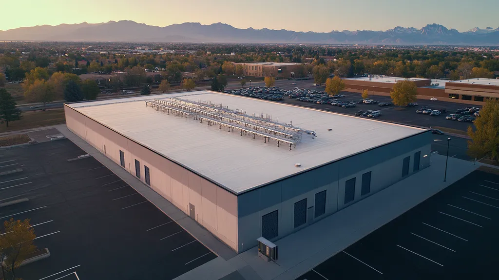 A commercial roof on a data center in a location similar to Denver with an ethereal glow aesthetic (AI image)