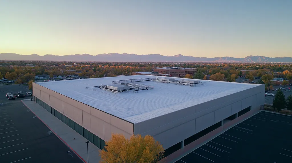 A commercial roof on a data center in a location similar to Denver with an ethereal glow aesthetic (AI image)