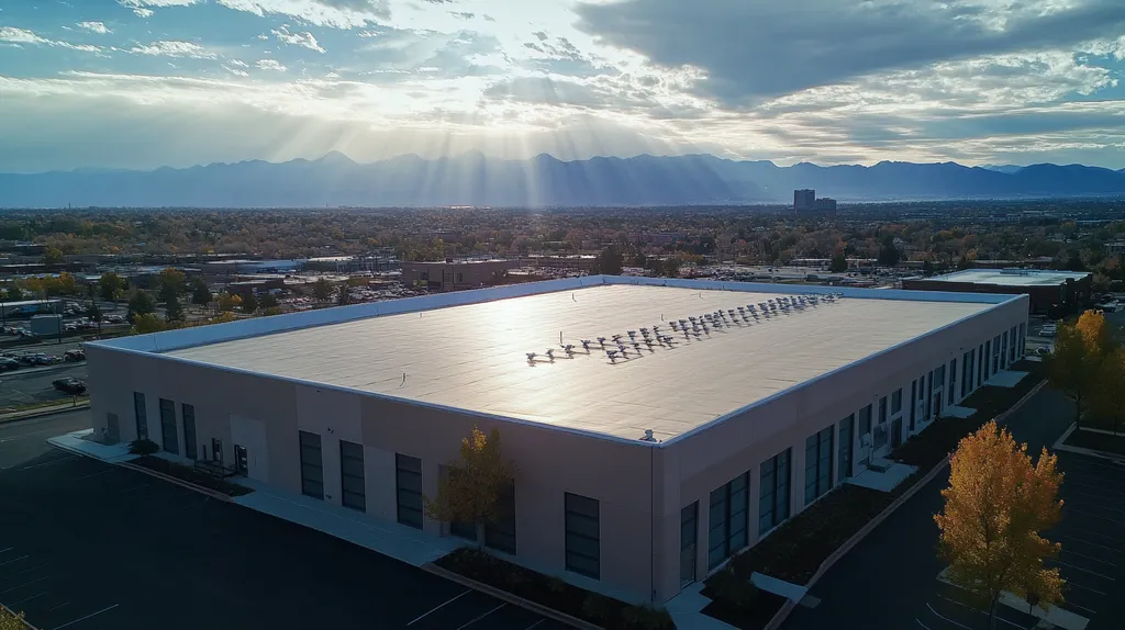 A commercial roof on a data center in a location similar to Denver with a light beams aesthetic (AI image)