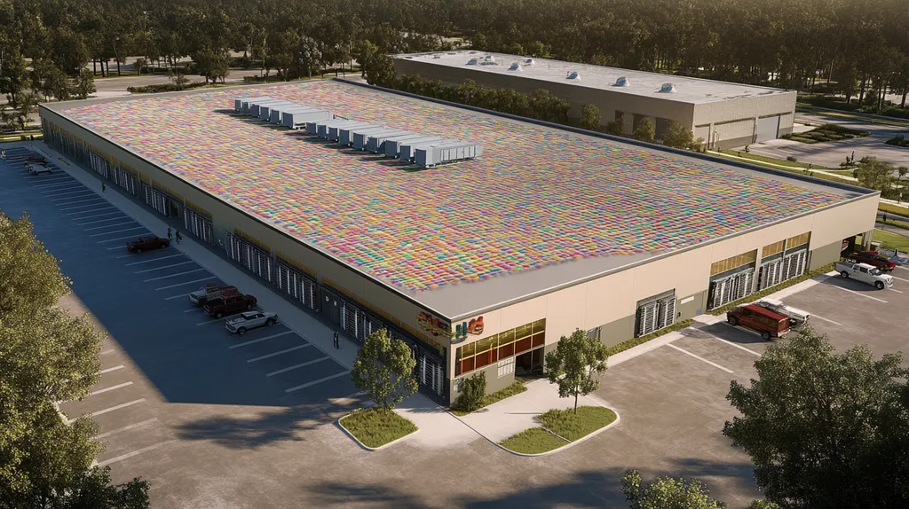A commercial roof on a distribution center in a location similar to Charleston with a mosaic tile art aesthetic (AI image)