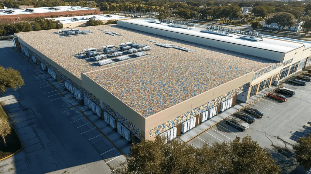 A commercial roof on a distribution center in a location similar to Charleston with a mosaic tile art aesthetic (AI image)