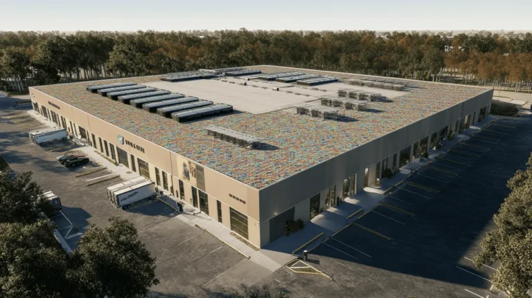 A commercial roof on a distribution center in a location similar to Charleston with a mosaic tile art aesthetic (AI image)